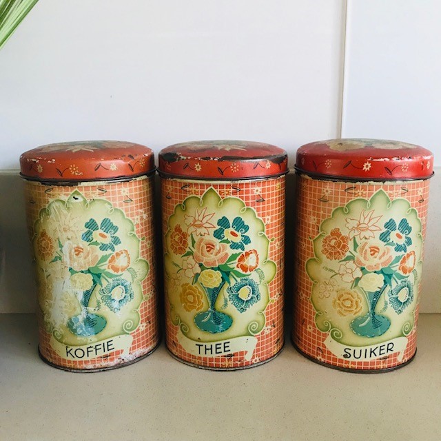 verdwijnen Ezel Werkloos Retro set blikken bloemen koffie thee suiker - Woodstock design