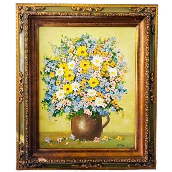vintage barok bloemenschilderij geel blauw